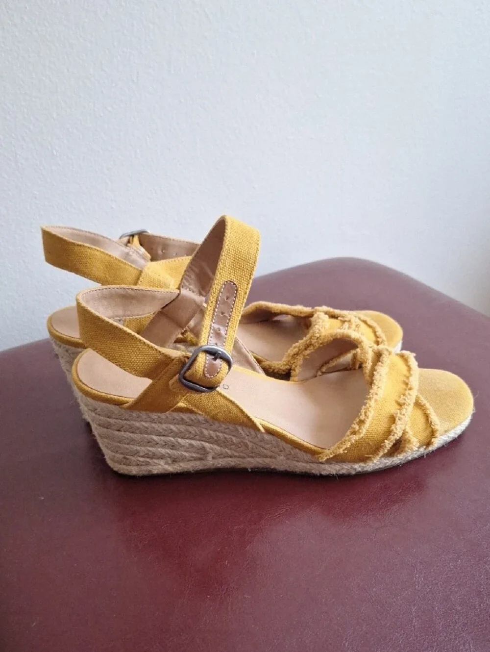 Lucky Brand Yellow Strappy Wedge Sandals - Canvas Frayed Trim
